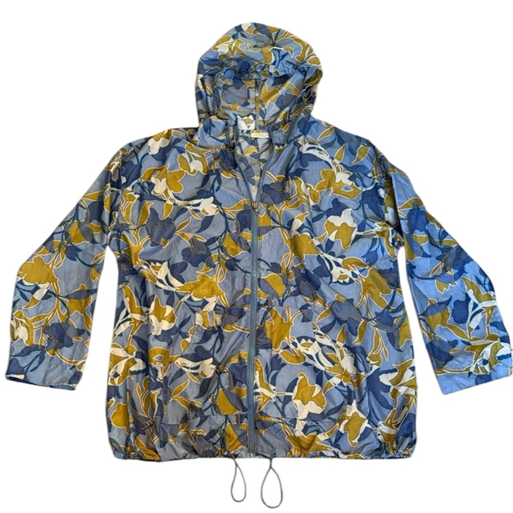 Floral Hooded Windbreaker Jacket Blue Yellow Lightweight XL